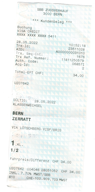 Swiss Travel Pass Bern to Zermatt class upgrade discounted 50 percent