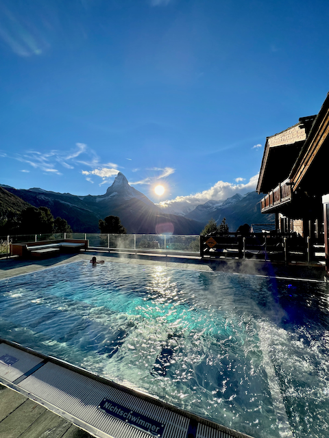 The resort jacuzzi pool has the best view of the Matterhorn in Zermatt