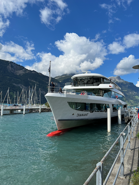 Getting on the lake boat at Fluelen which is the best way to see all of Lake Lucerne using your Swiss Travel Pass