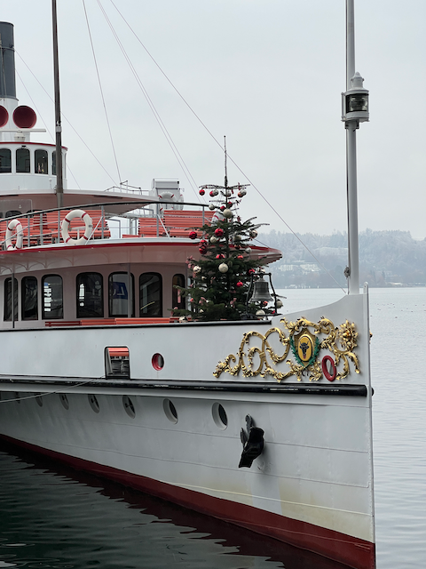 One of the authentic Lake Lucerne paddlewheel boats all decked out for the holidays
