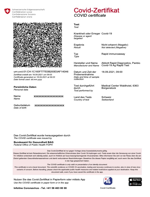 Example of a QR Code for Swiss Covid Certificate (Switzerland September 2021)